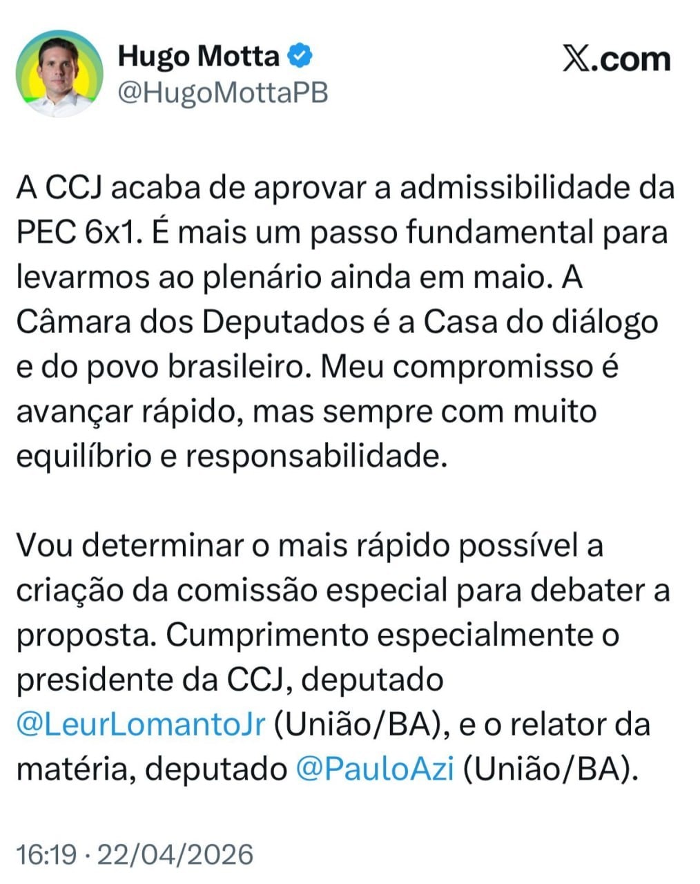 Hugo Motta volta a dizer que vai votar fim da escala 6 X 1 em maio