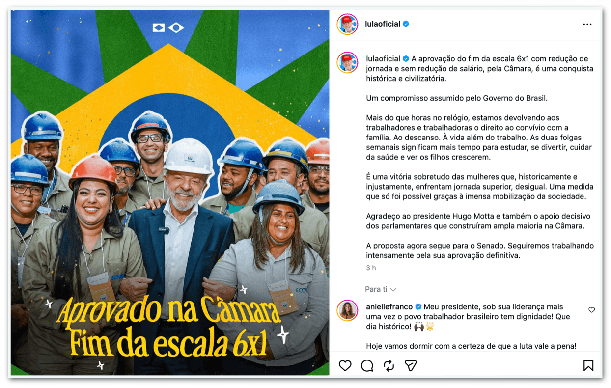 Lula diz que aprovação do fim da 6 X 1 é conquista “civilizatória”