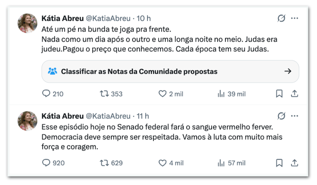 Kátia Abreu chama Alcolumbre de Judas e apaga comentário