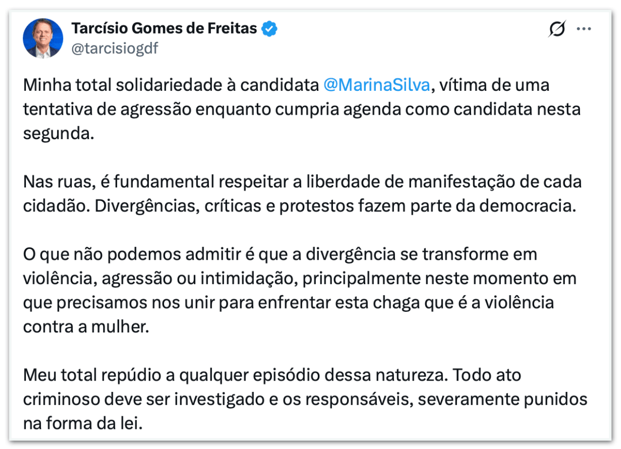 Tarcísio manifesta solidariedade a Marina após intimidação em SP