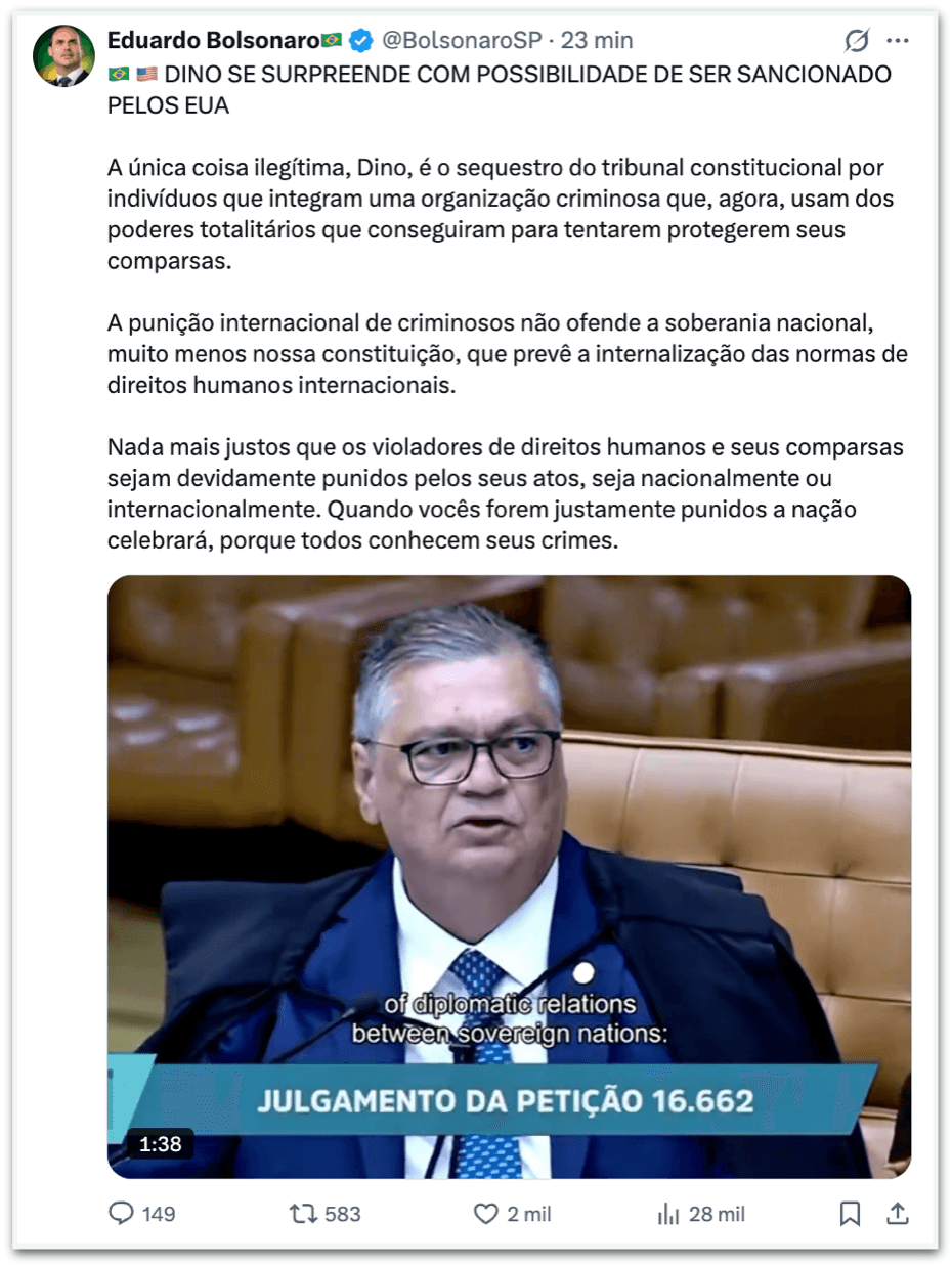 Eduardo diz que “nação celebrará” eventual sanção dos EUA a ministros