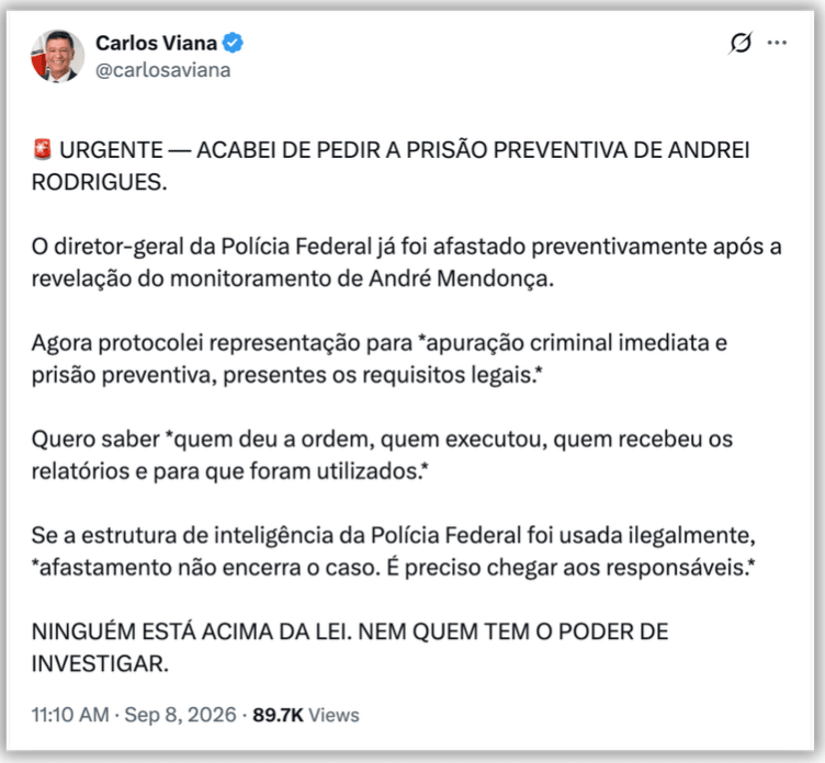 Carlos Viana pede prisão de Andrei Rodrigues, diretor-geral da PF