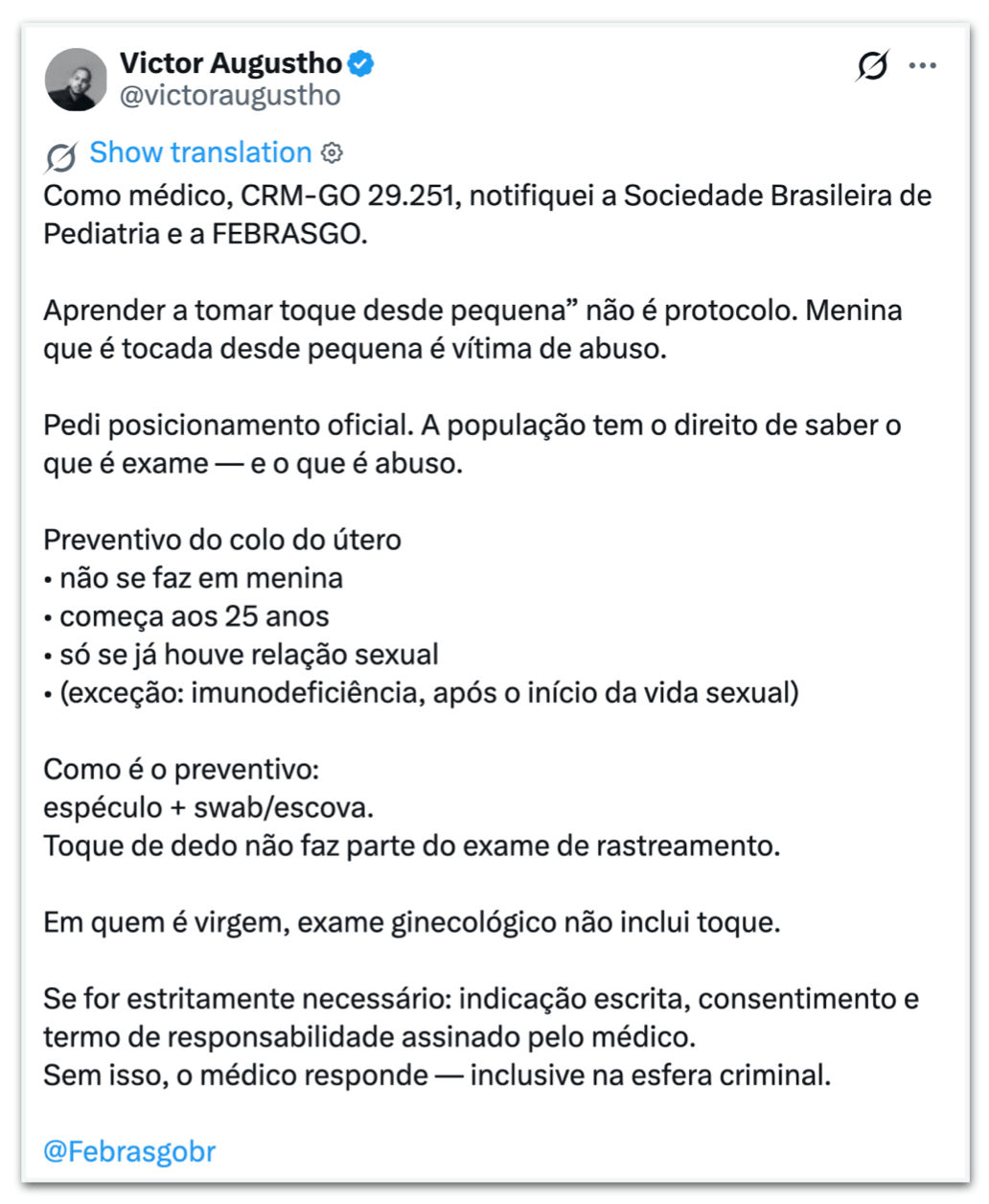 Médico aciona entidades por fala de Lula sobre “tomar toque”