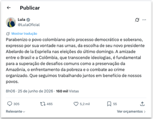 Lula dá parabéns a Espriella por vitória na Colômbia