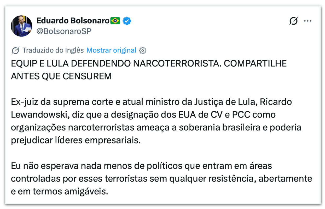 Eduardo diz que Lewandowski é o atual ministro da Justiça