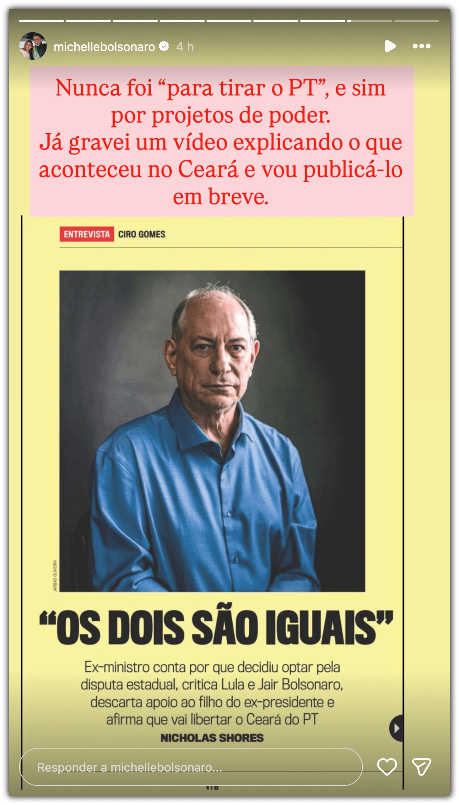 Michelle critica Ciro Gomes após impasse sobre palanque no Ceará