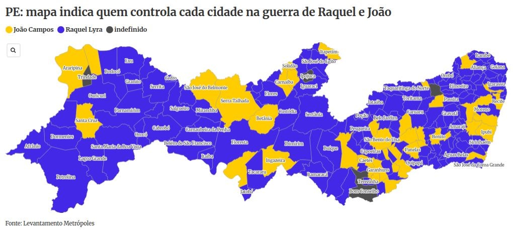 Raquel Lyra x João Campos: mapa indica quem "controla" cada cidade de PE