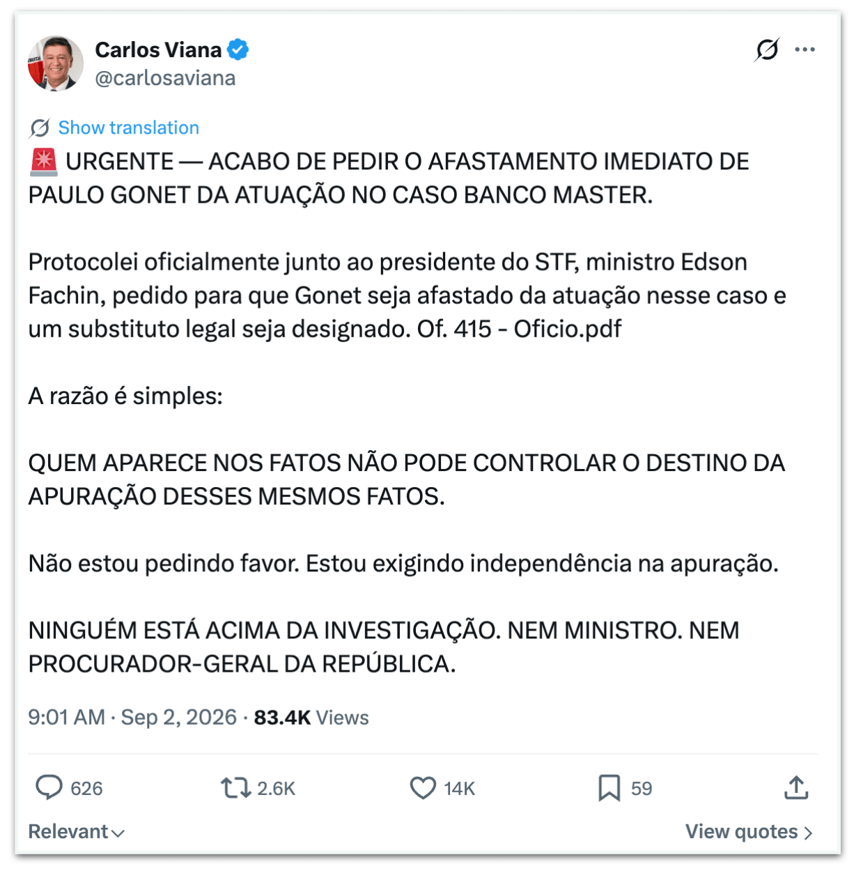 Oposição pede impeachment de Gonet após citação em relatório da PF