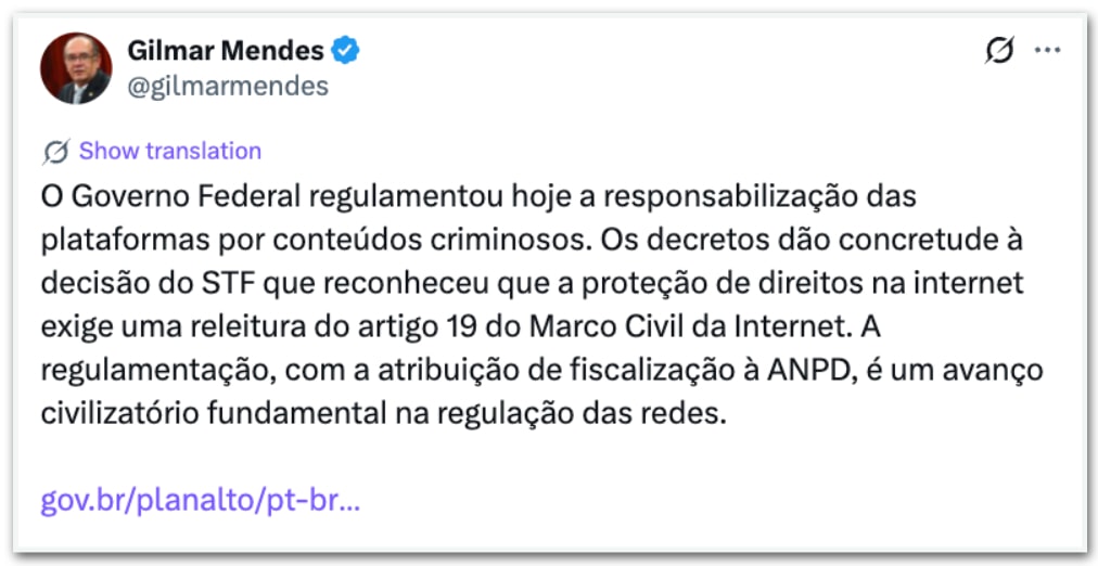 Gilmar Mendes diz apoiar decretos de Lula que fiscalizam big techs