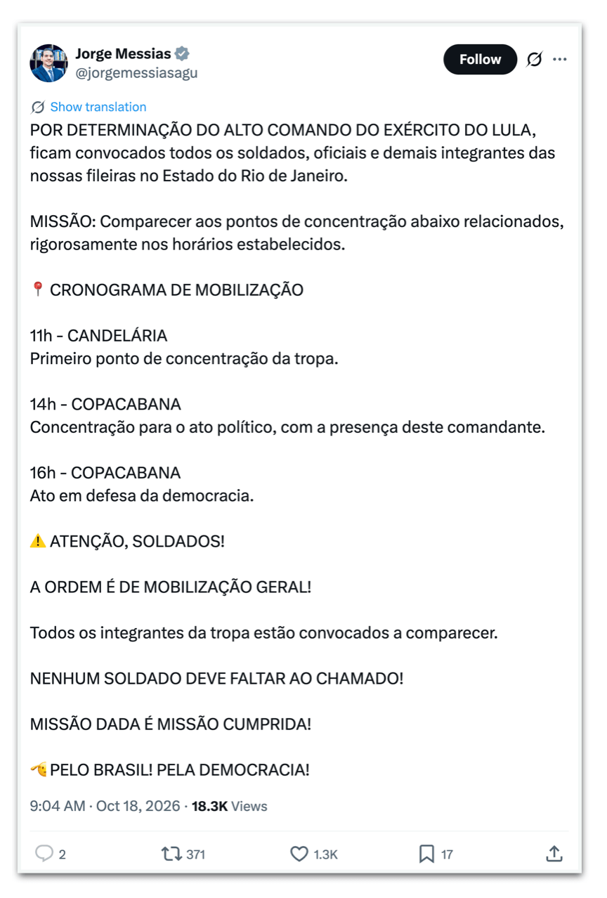 Messias convoca integrantes do Exército do Lula para atos no RJ