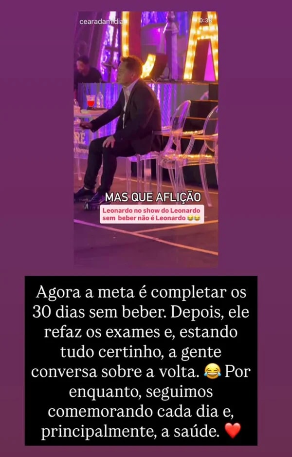Poliana revela meta de Leonardo sem álcool e condição para voltar a beber