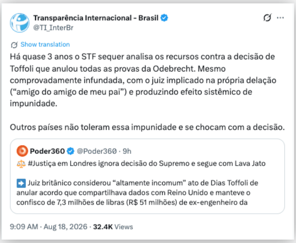 Outros países não toleram impunidade, diz ONG sobre Toffoli