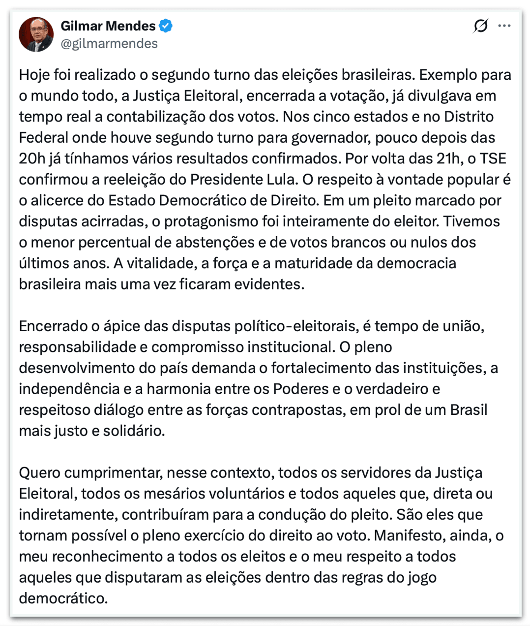 Gilmar Mendes diz que “é tempo de união” após reeleição de Lula