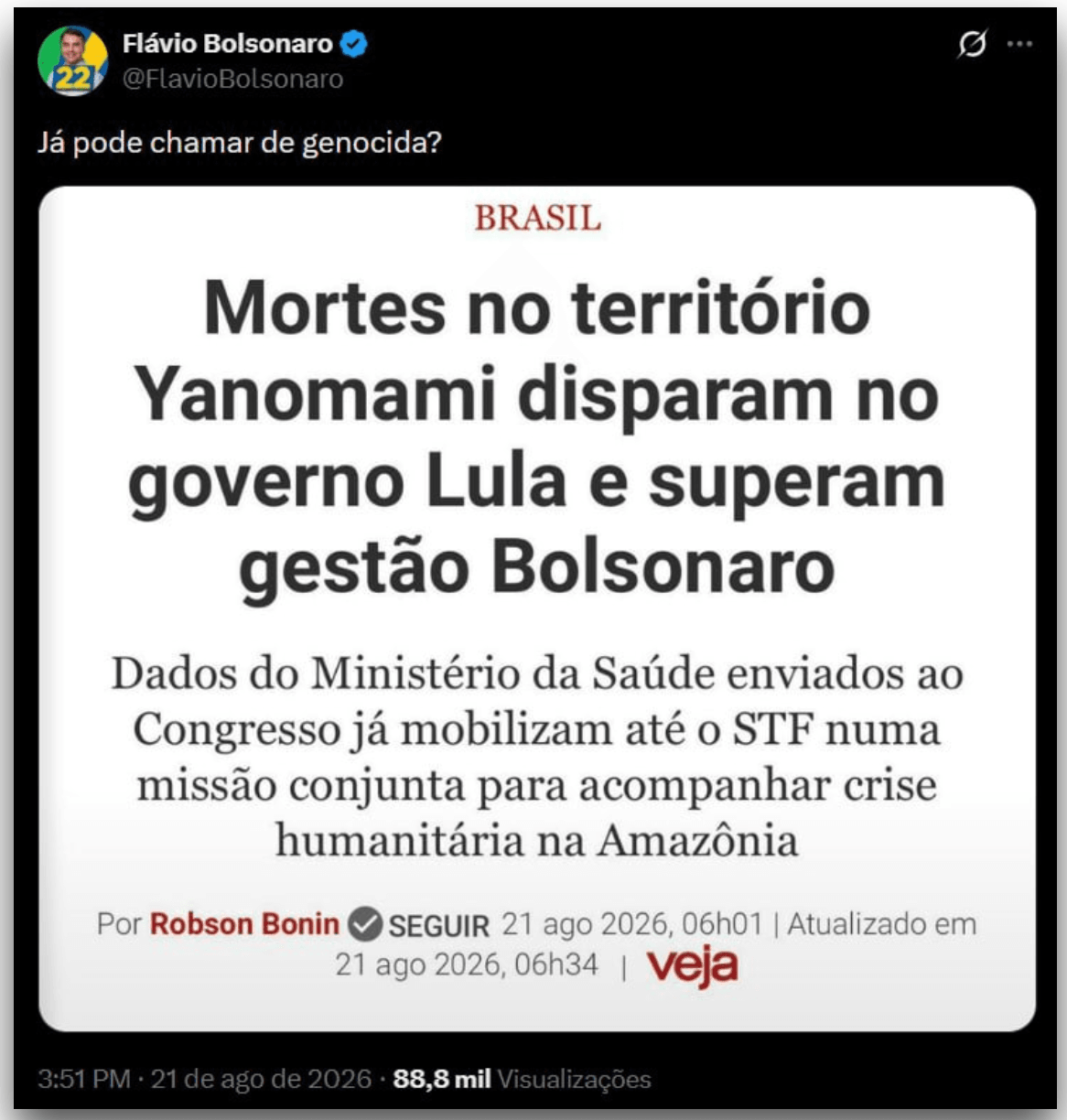 Flávio provoca Lula sobre yanomamis: “Já pode chamar de genocida?”