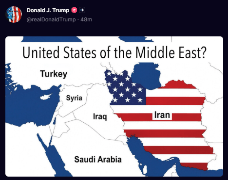 Trump publica mapa do Irã com bandeira americana e questiona: “EUA do Oriente Médio?”