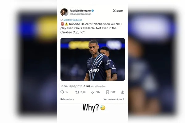 Richarlison questiona fala de técnico do Tottenham em postagem: "Por que?"