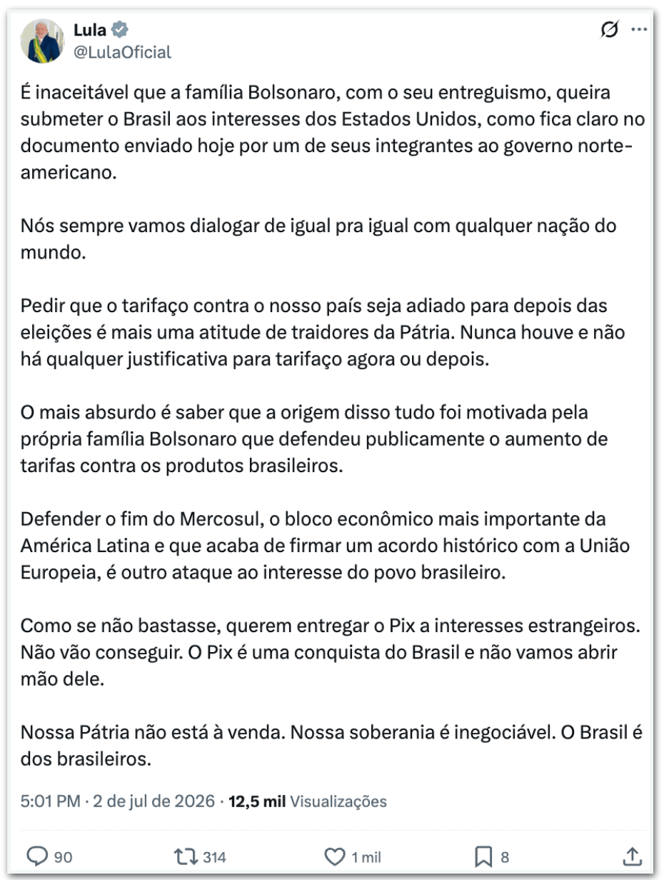 Lula critica família Bolsonaro por “entreguismo” aos EUA