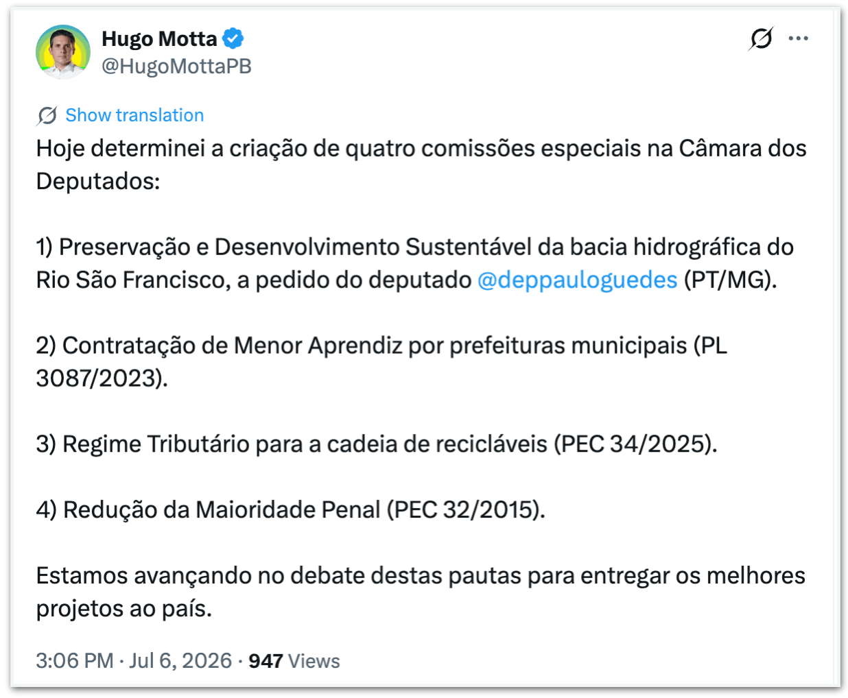 Motta instala 4 comissões especiais e inclui PEC da maioridade penal
