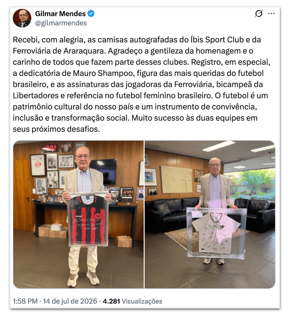 Gilmar Mendes recebe camisa do Íbis, o “pior time do mundo”