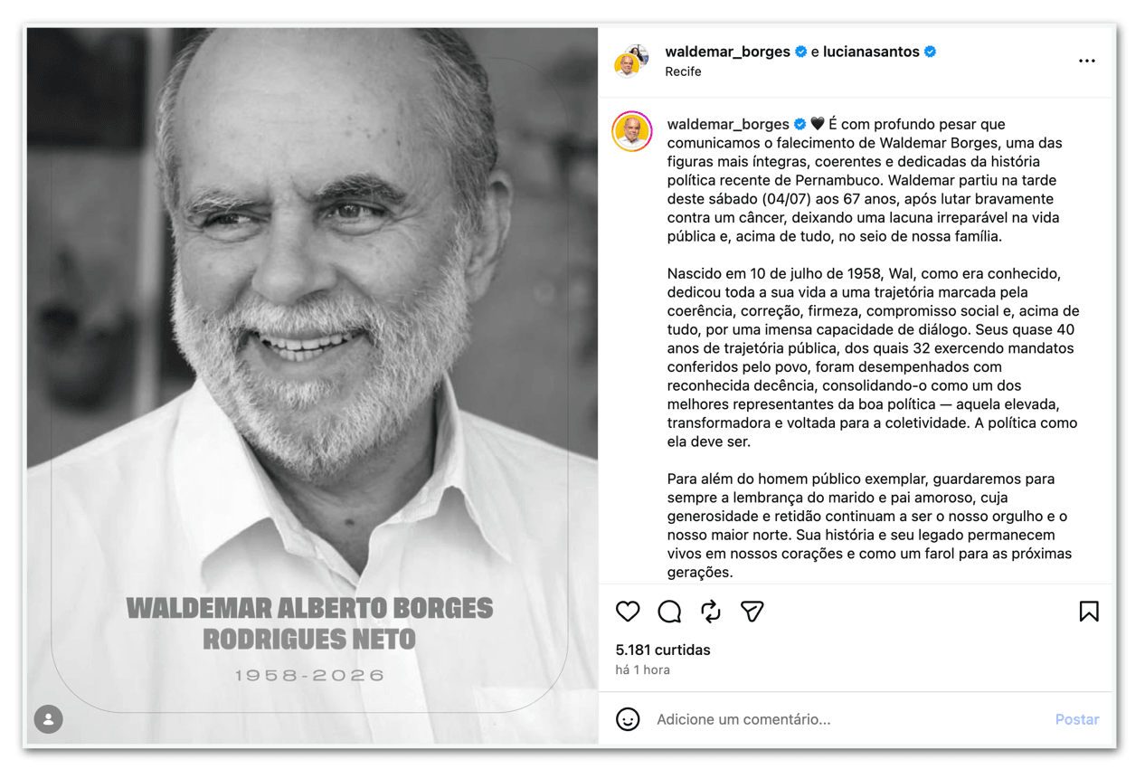 Morre Waldemar Borges, marido da ministra Luciana Santos