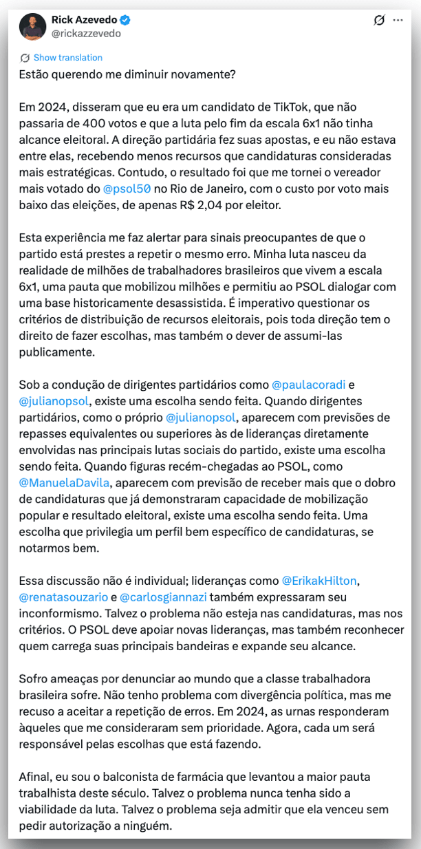 Líder do movimento pelo fim da 6 X 1 critica Psol por verba eleitoral