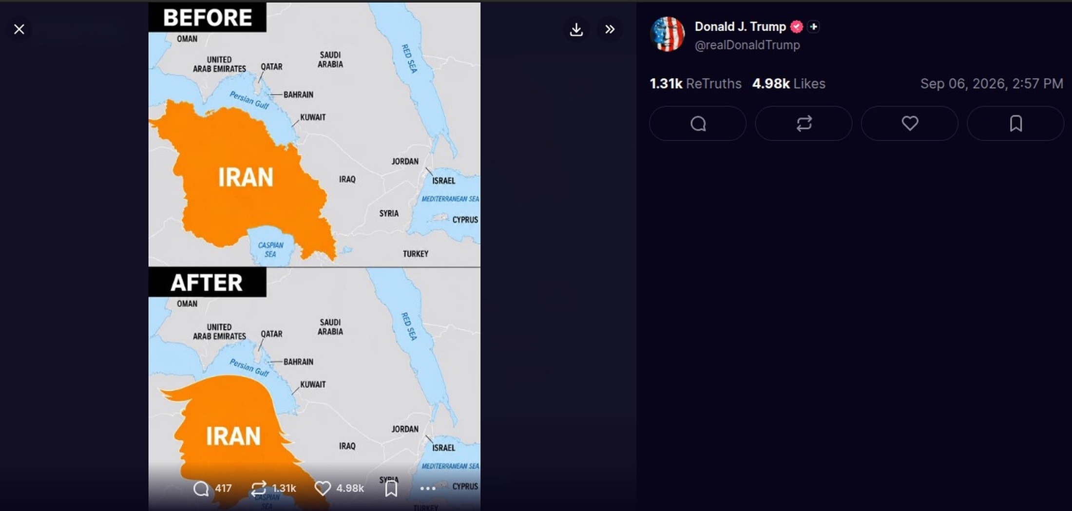 Trump divulga ilustração de mapa do Irã com o formato do próprio rosto
