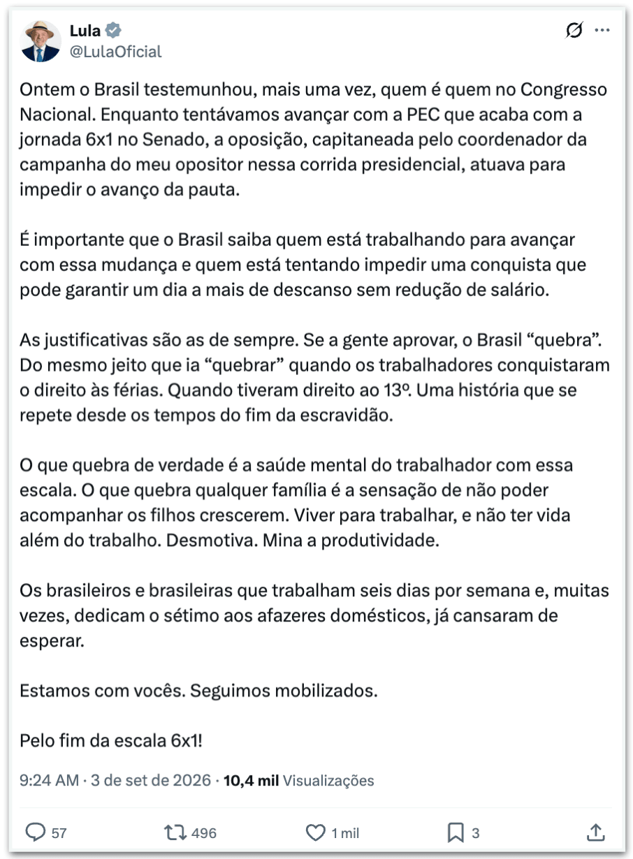 Lula critica Rogério Marinho por tentar “impedir” avanço da 6 X 1
