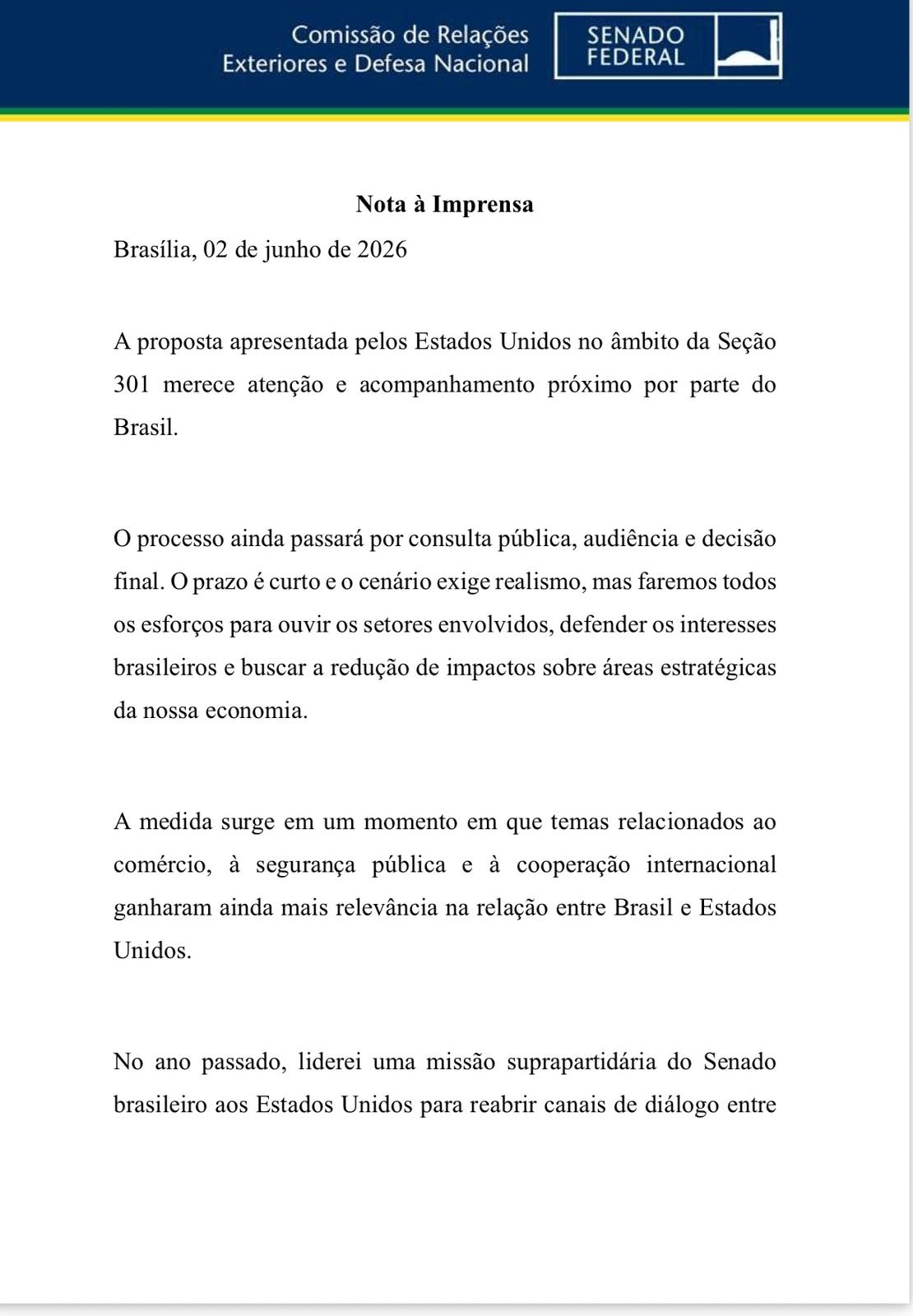Senado atuará para reduzir impactos do novo tarifaço dos EUA