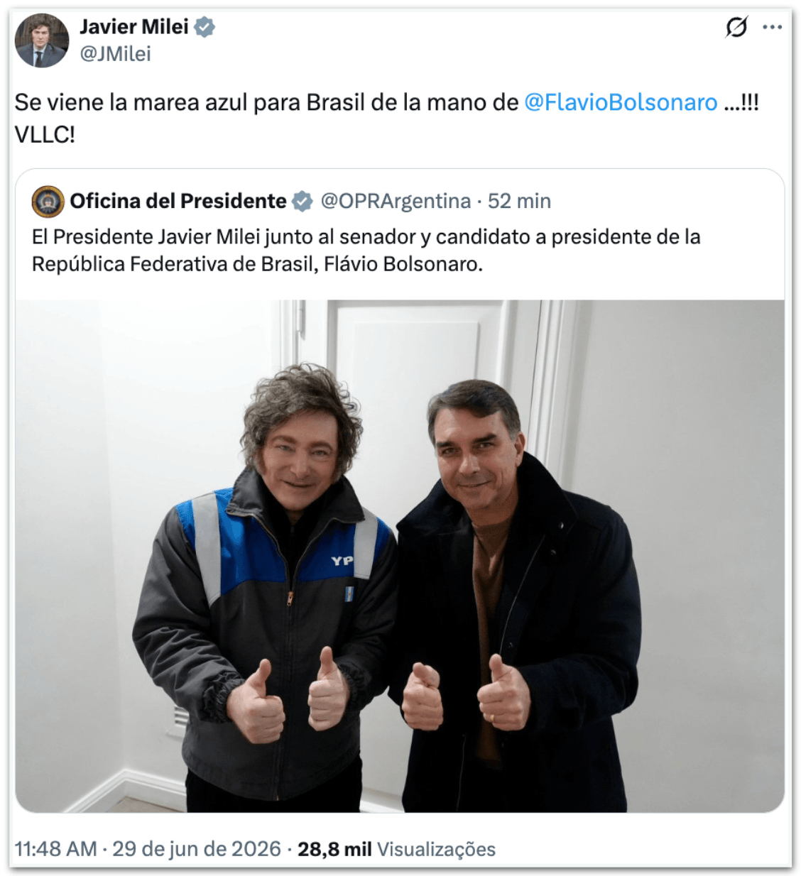 Milei declara apoio e diz torcer por Flávio Bolsonaro