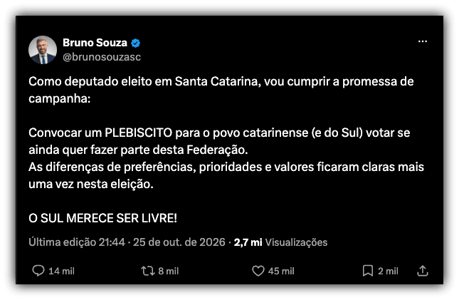 Deputado do PL propõe plebiscito sobre separação do Sul