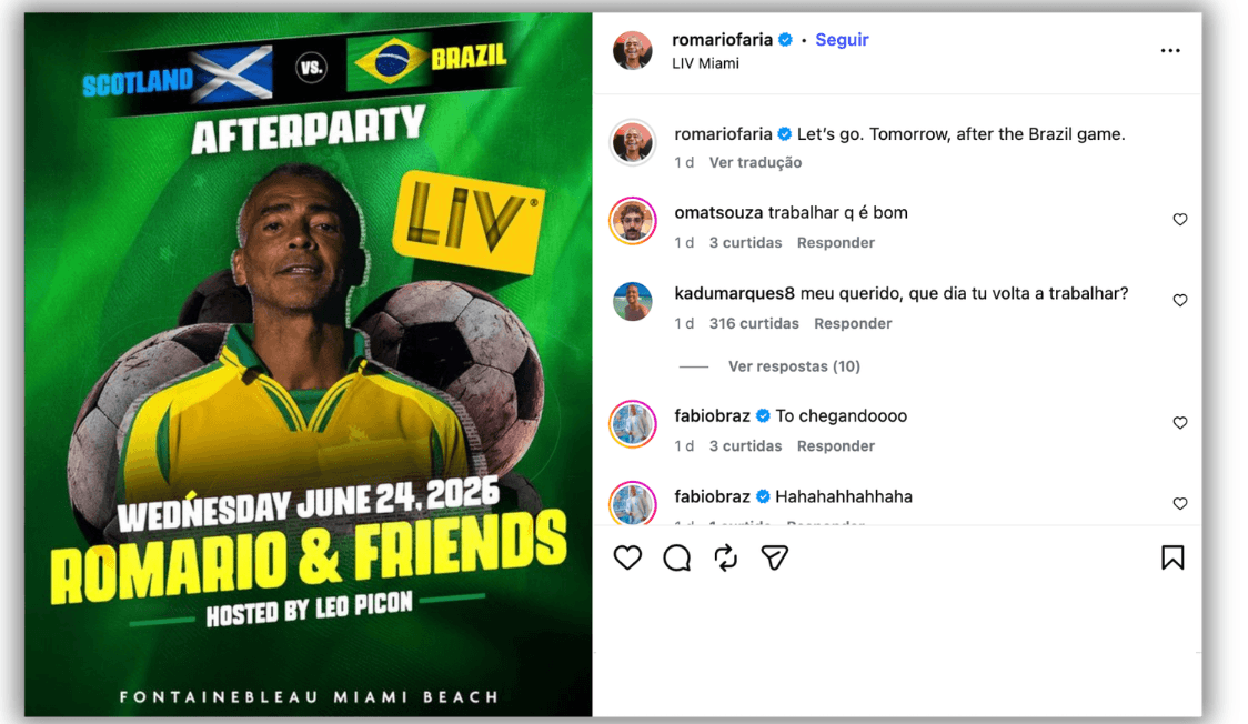 Romário dança em boate nos EUA depois da vitória do Brasil
