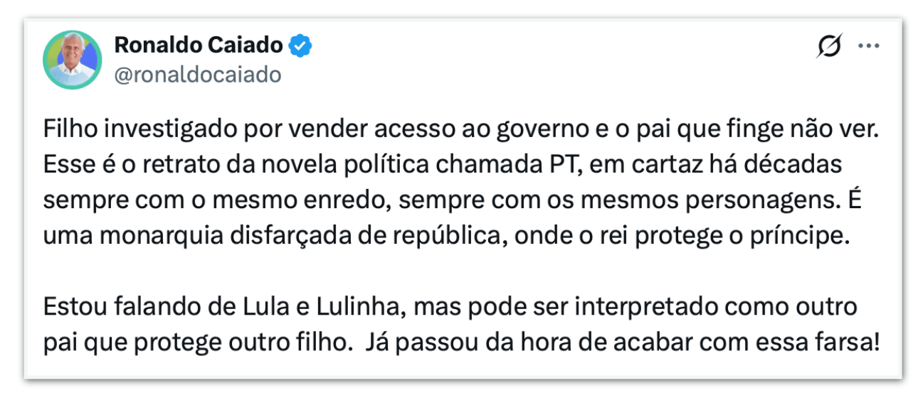 Caiado compara Lulinha a Flávio: “O rei protege o príncipe”