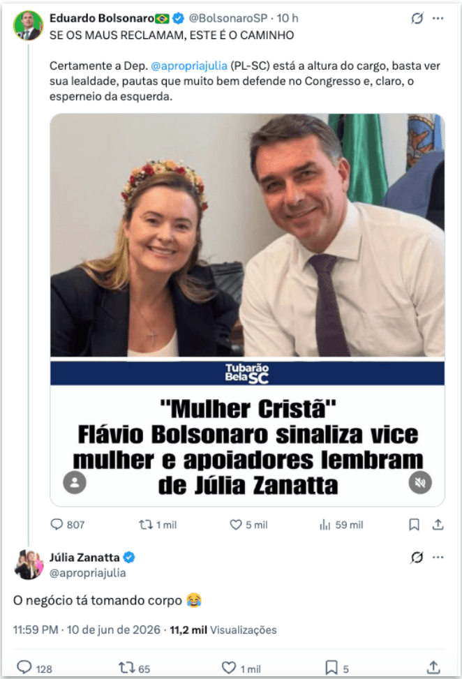 Eduardo Bolsonaro apoia Júlia Zanatta para vice na chapa de Flávio
