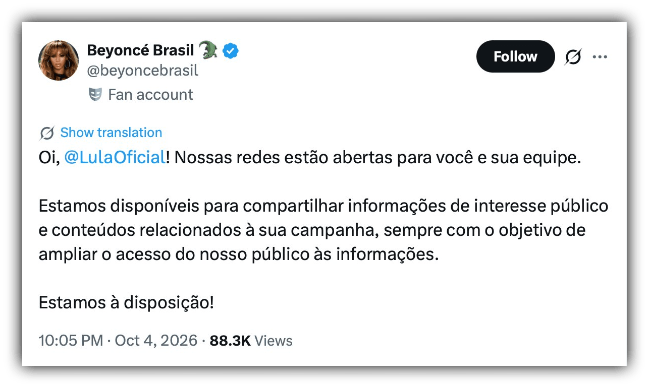 Fã-clubes brasileiros de Beyoncé e BTS se colocam à disposição de Lula