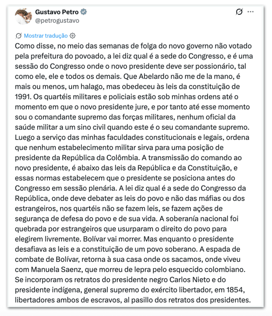 Petro proíbe posse de novo presidente da Colômbia em base militar