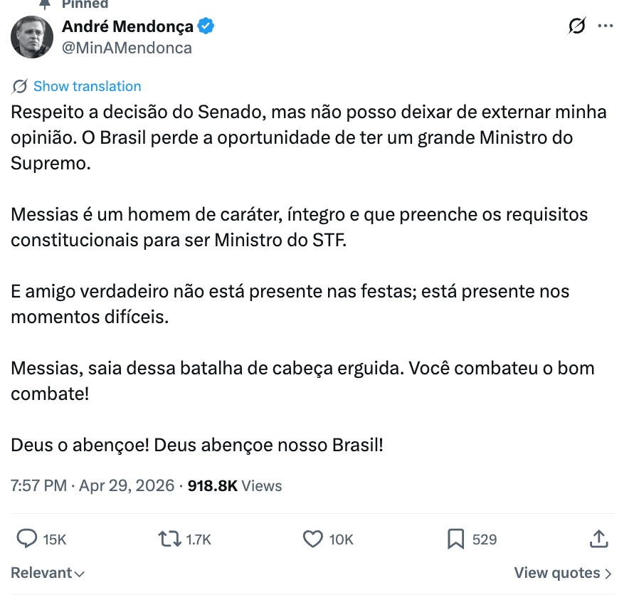 Fachin diz respeitar decisão do Senado sobre Messias