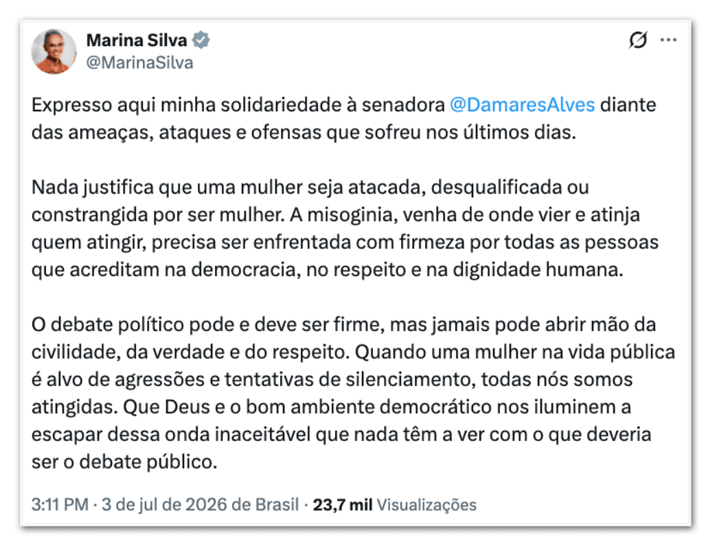 Marina Silva manifesta solidariedade a Damares por ameaças