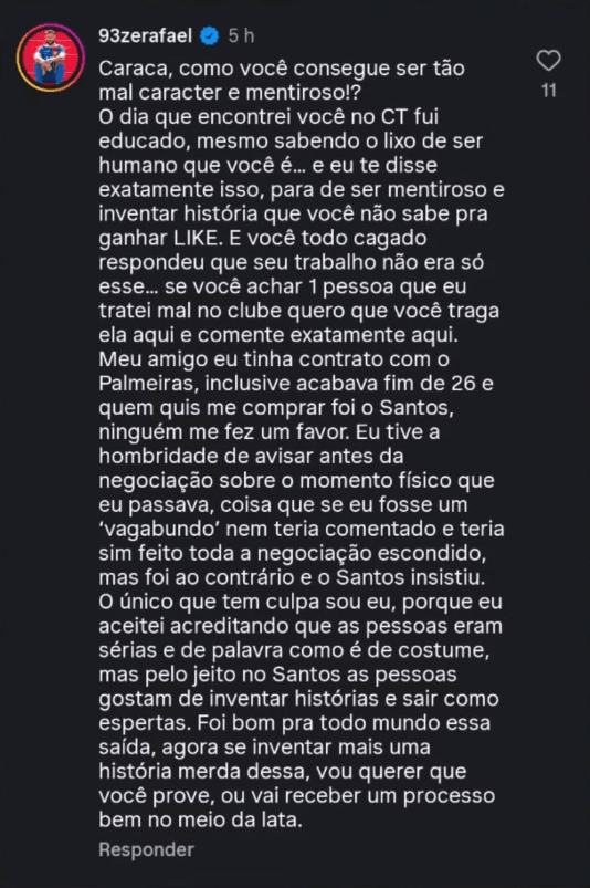 Zé Rafael rebate acusação no Santos, critica jornalista e ameaça processo
