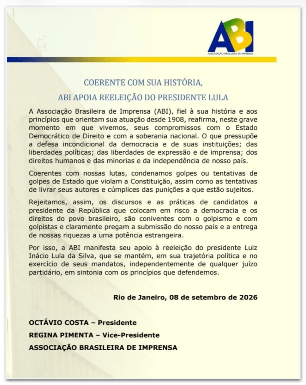 Associação Brasileira de Imprensa lança nota de apoio à reeleição de Lula