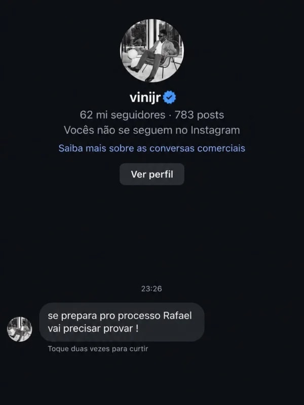 Influencer expõe print e diz que foi ameaçado por Vini Jr.