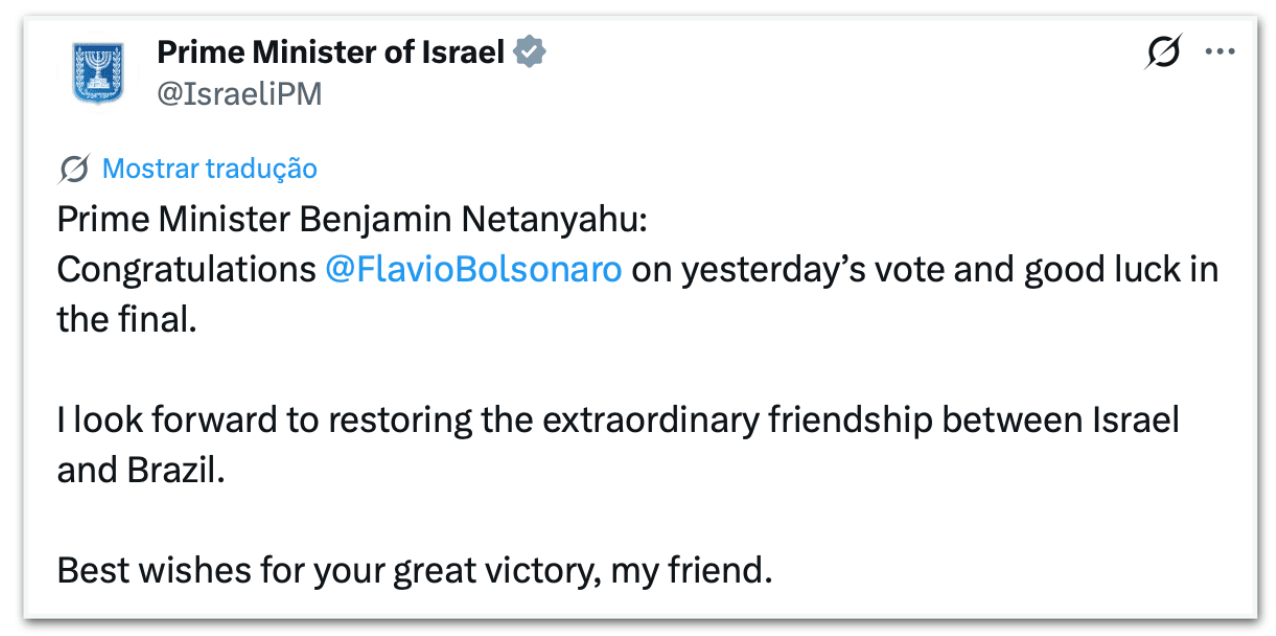 Netanyahu dá parabéns a Flávio e deseja “boa sorte” no 2º turno