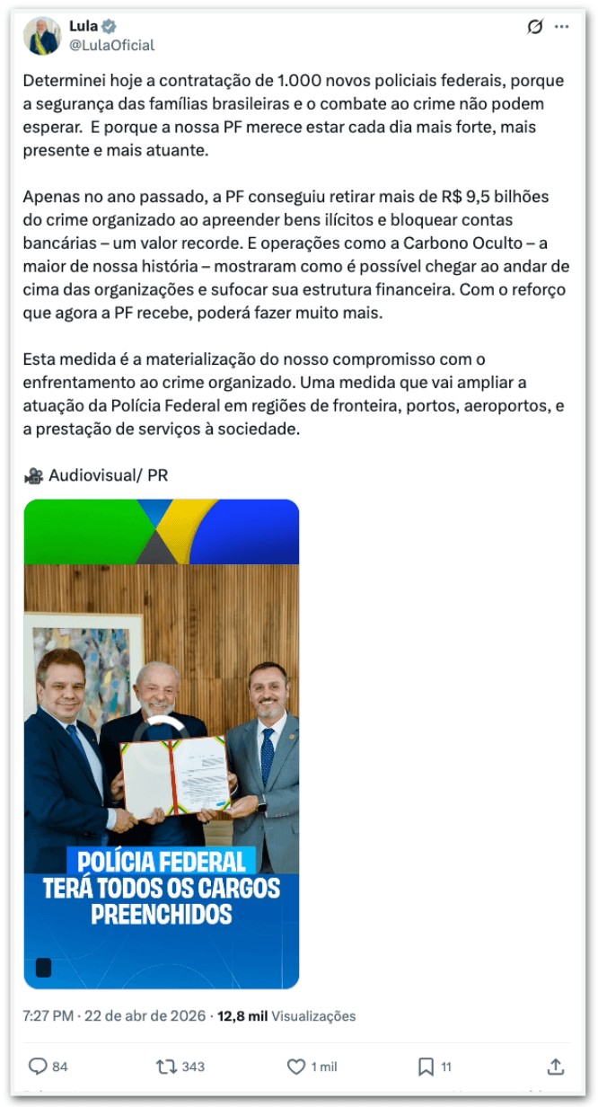 Lula assina decreto para contratação de 1.000 policiais federais