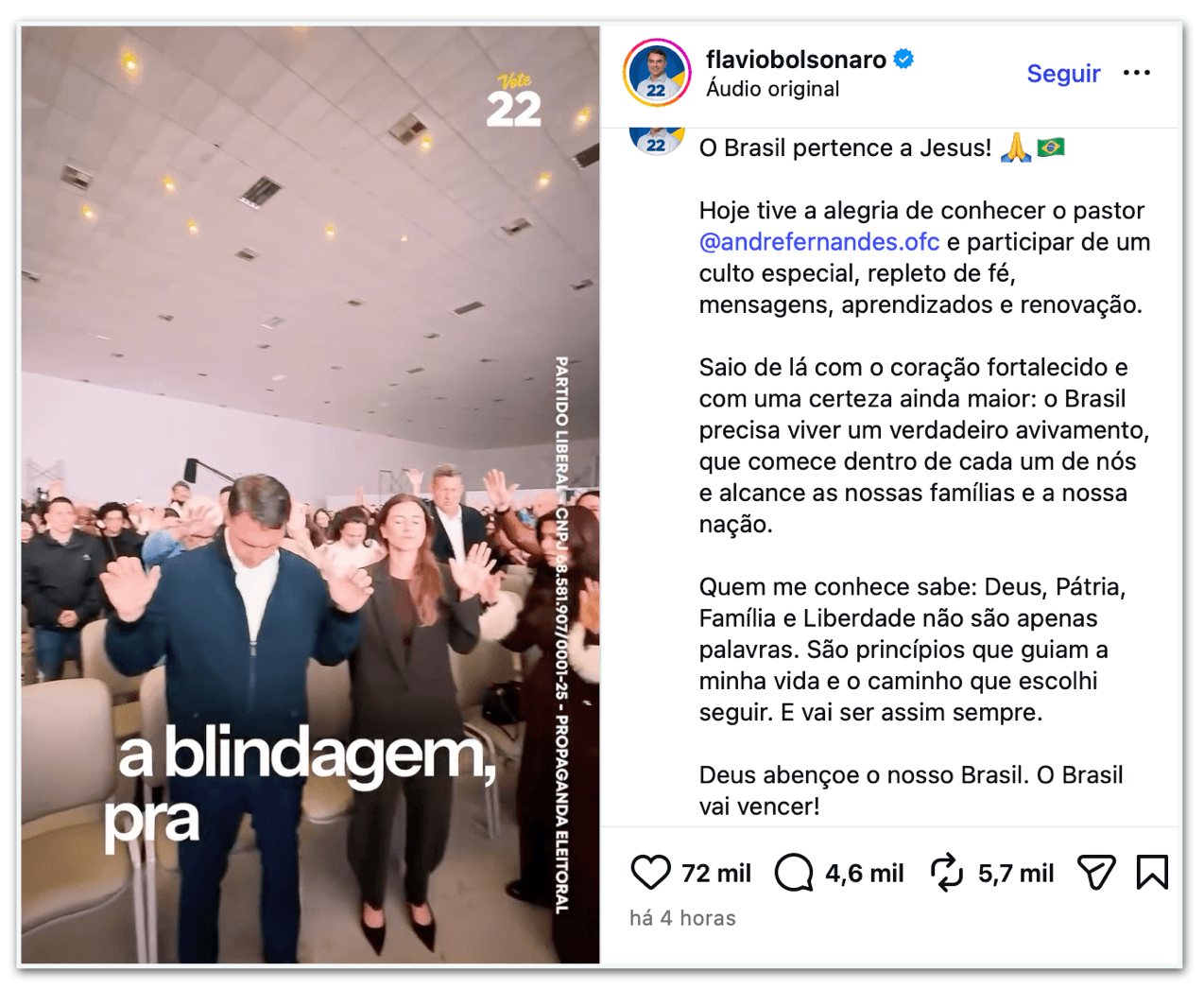 Antes de 7 de setembro, Flávio vai a culto: “Coração fortalecido”