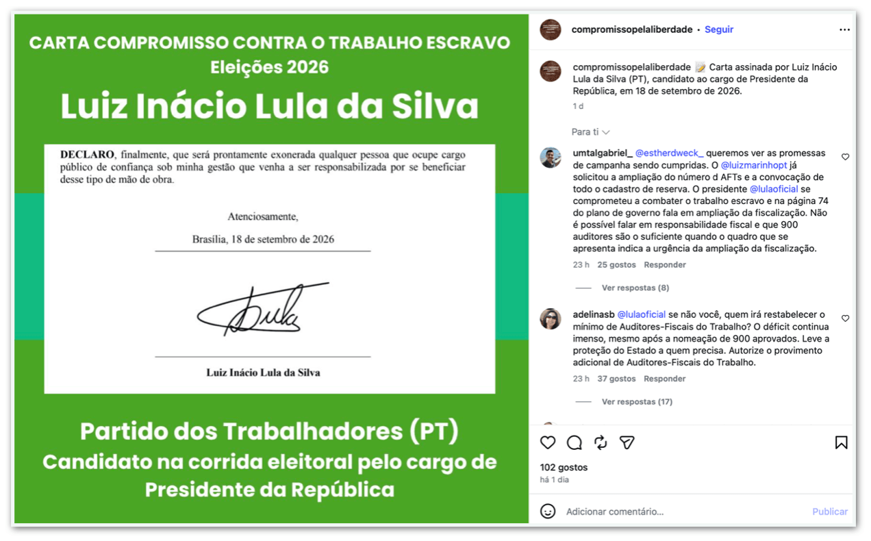 Lula, Caiado e Augusto Cury assinam carta contra trabalho escravo