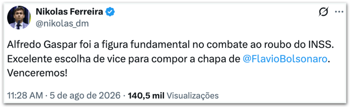 Aliados elogiam escolha de Alfredo Gaspar como vice de Flávio