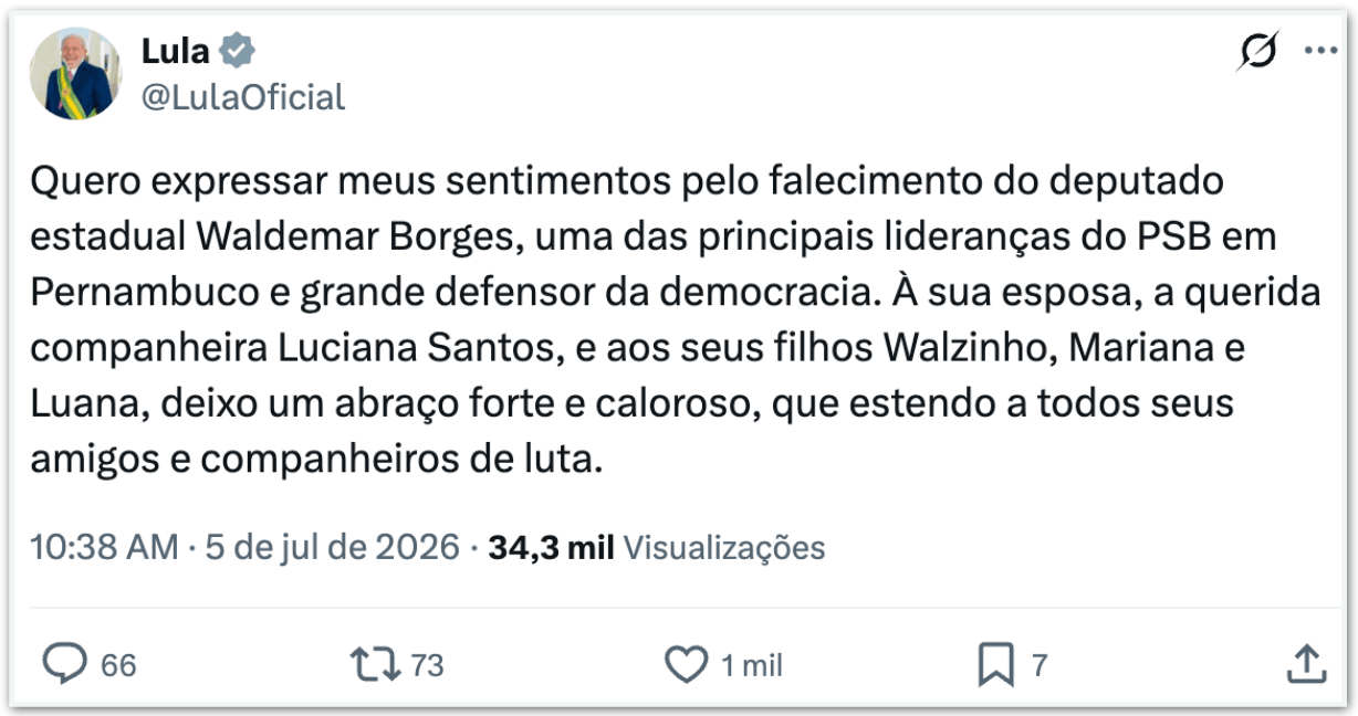 Lula lamenta morte de Waldemar Borges