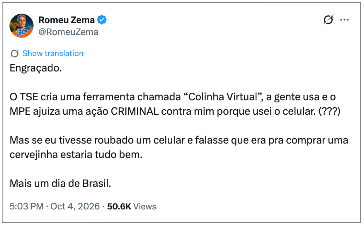 Zema critica ação do MPE por ter usado celular na cabine de votação
