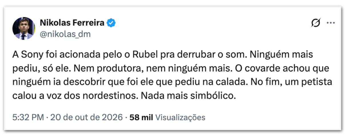 Rubel acionou Sony para tirar áudio de nordestinos anti-Lula, diz Nikolas