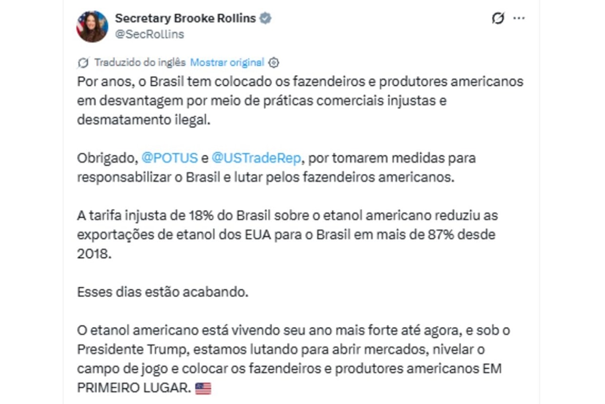 Tarifaço: secretária de Agricultura dos EUA critica Brasil por etanol