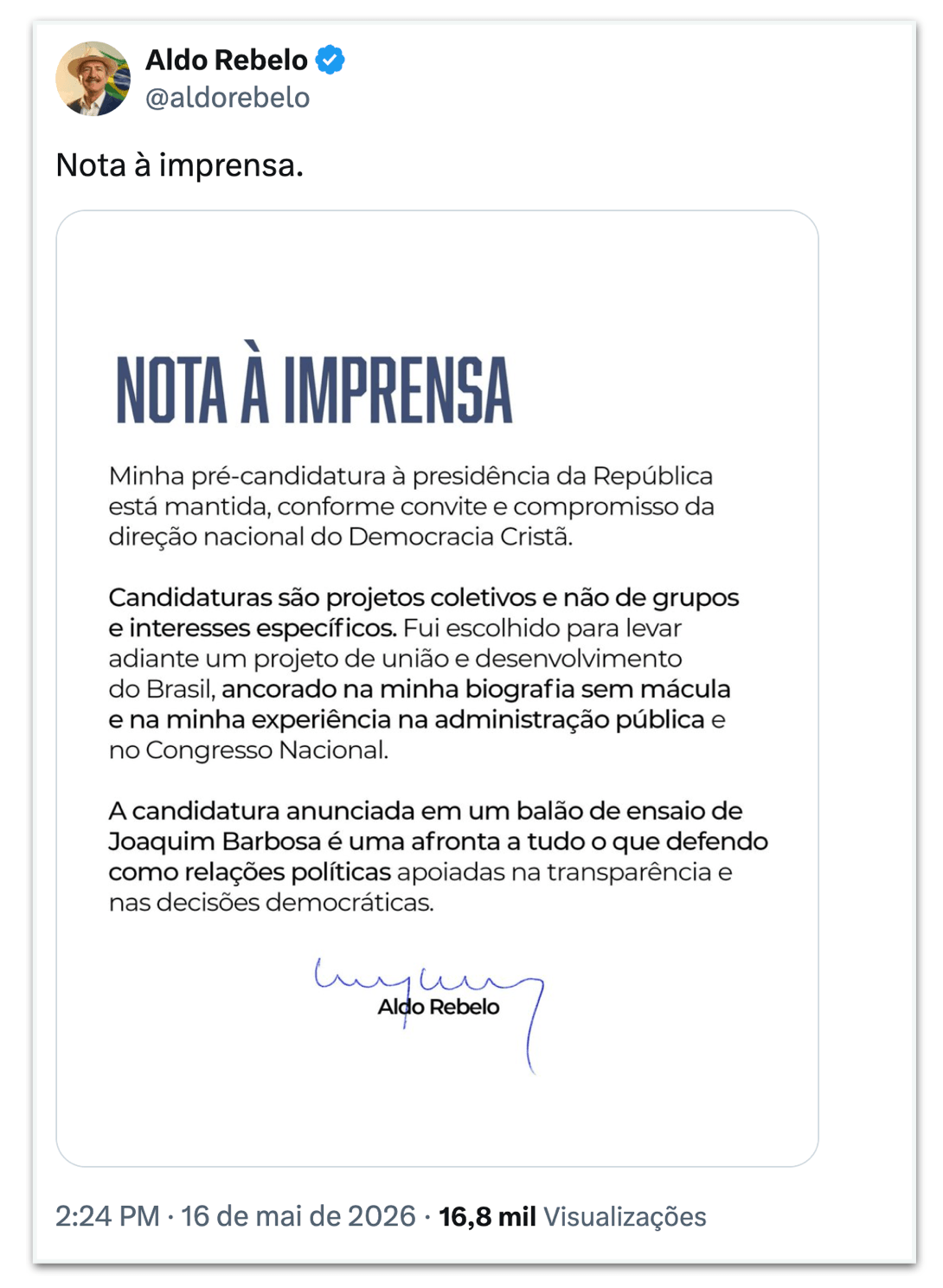 DC lança Joaquim Barbosa como pré-candidato à Presidência